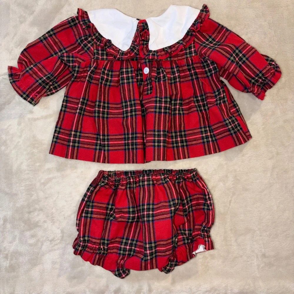 Cecil and Lou Baby Girls Red Plaid Monogrammed Christmas Top Bloomer Set 6M AOW
